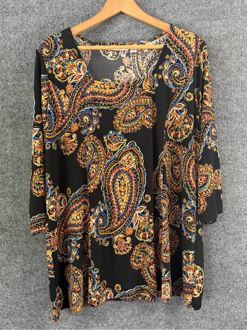 Susan Graver Womens 1X Liquid Knit Top Paisley Black Brown Office Casual Stretch